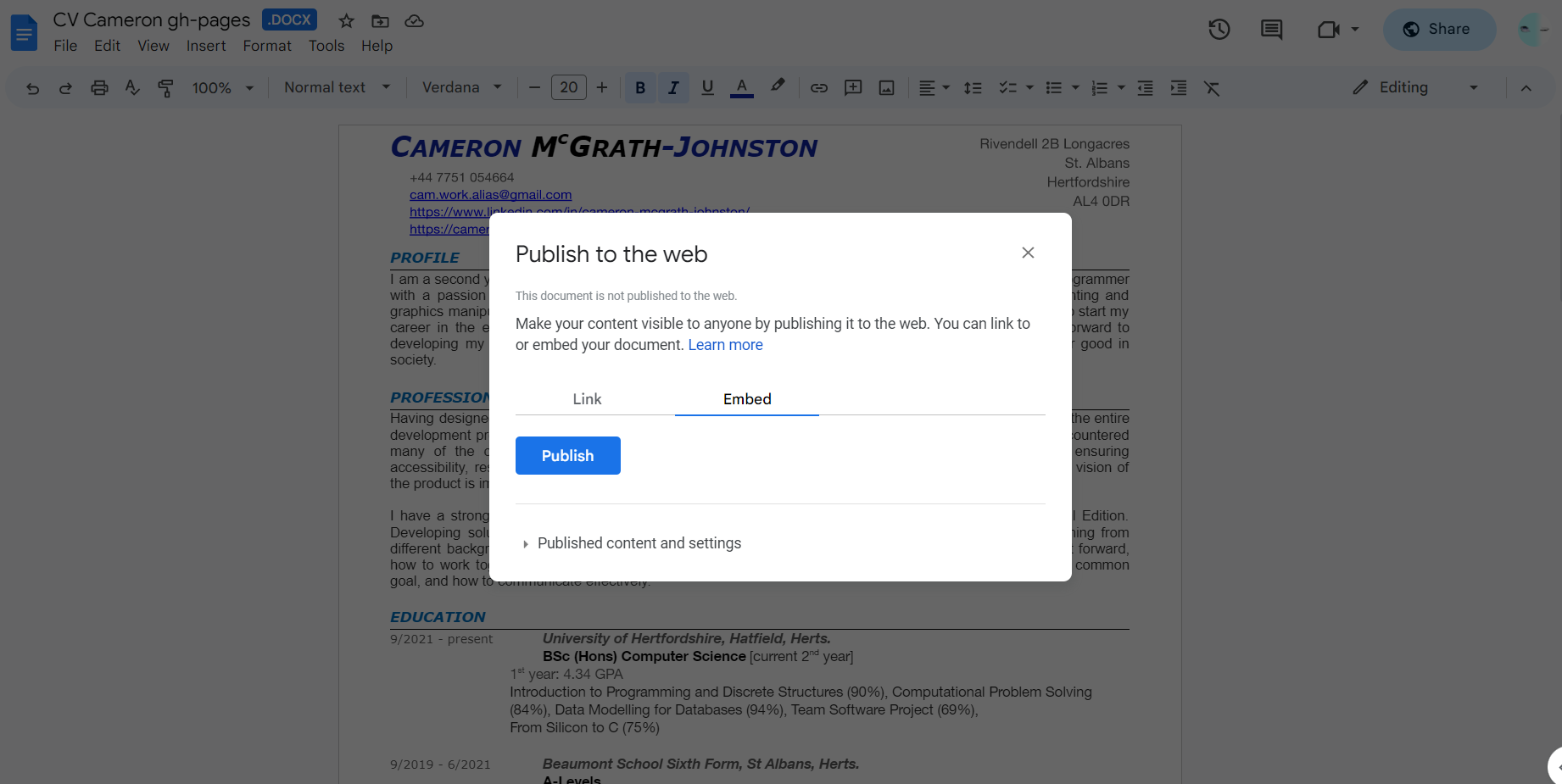 Google Docs iframe embed